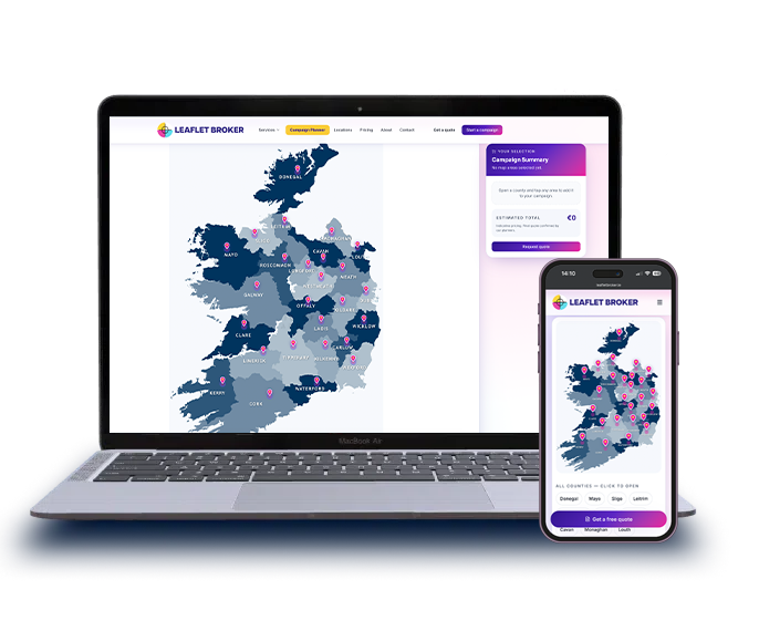 Leaflet Broker Campaign Planner shown on a laptop and a phone