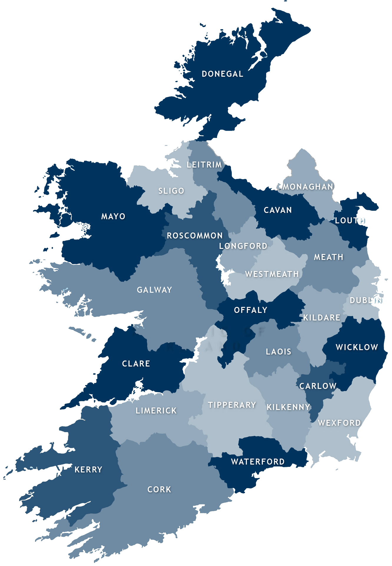 Map of Ireland showing all 26 counties of the Republic